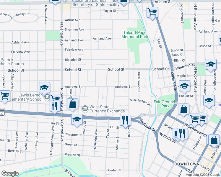 map of restaurants, bars, coffee shops, grocery stores, and more near 1224 Andrews Street in Rockford