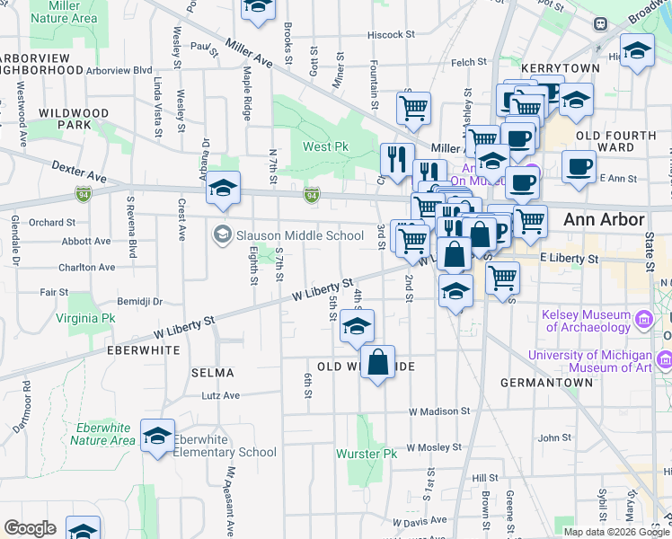 map of restaurants, bars, coffee shops, grocery stores, and more near 245 Murray Avenue in Ann Arbor