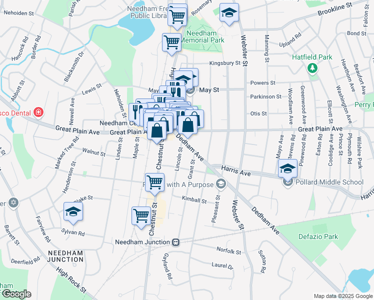 map of restaurants, bars, coffee shops, grocery stores, and more near 81 Dedham Avenue in Needham