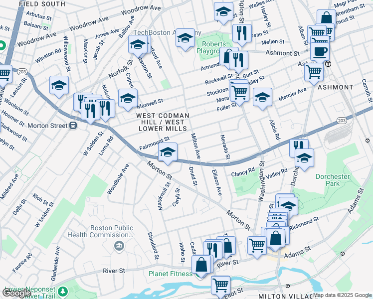 map of restaurants, bars, coffee shops, grocery stores, and more near 21 Vera Street in Boston