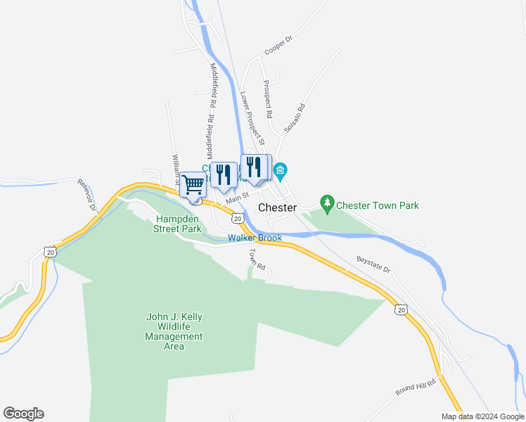 map of restaurants, bars, coffee shops, grocery stores, and more near 11 Maple Avenue in Chester