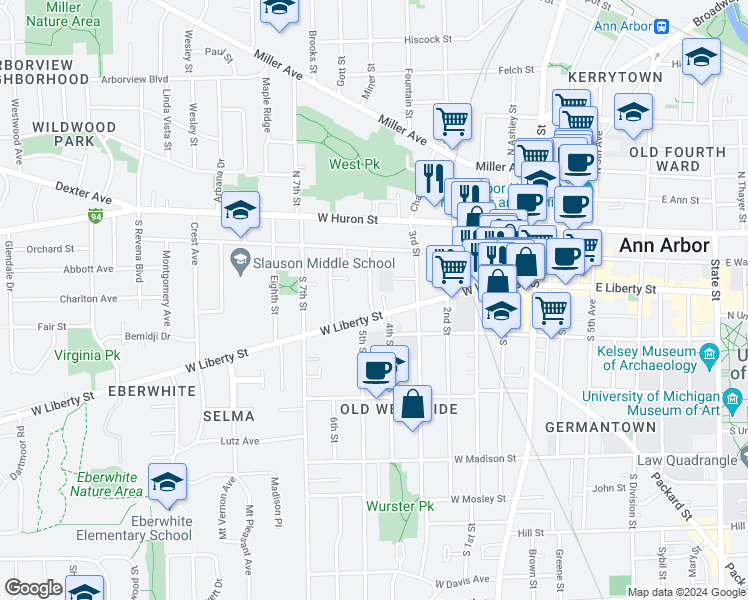 map of restaurants, bars, coffee shops, grocery stores, and more near 245 Murray Avenue in Ann Arbor