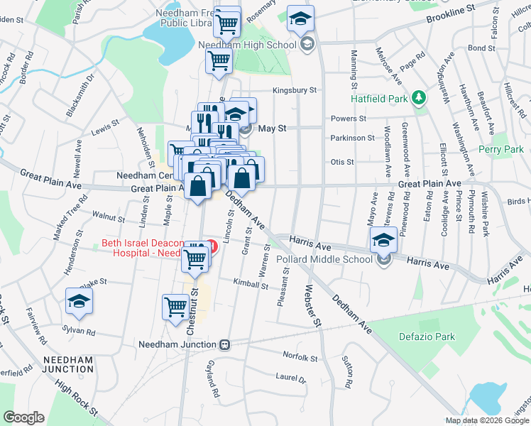 map of restaurants, bars, coffee shops, grocery stores, and more near 159 Warren Street in Needham