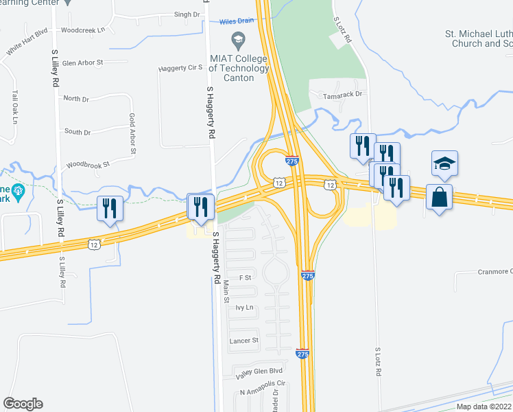 map of restaurants, bars, coffee shops, grocery stores, and more near 256 Michigan Avenue in Canton
