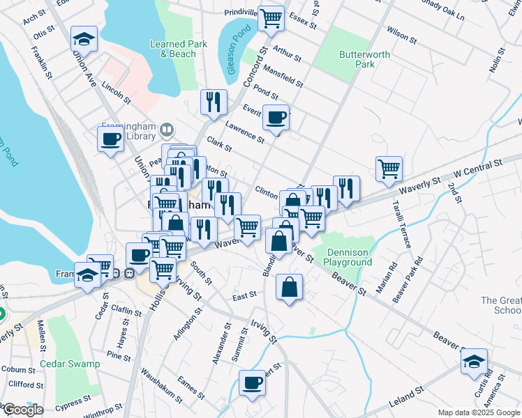 map of restaurants, bars, coffee shops, grocery stores, and more near 4 Bishop Street in Framingham