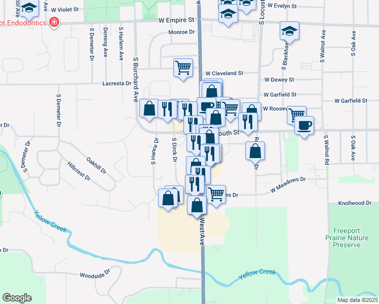 map of restaurants, bars, coffee shops, grocery stores, and more near 1722 South West Avenue in Freeport