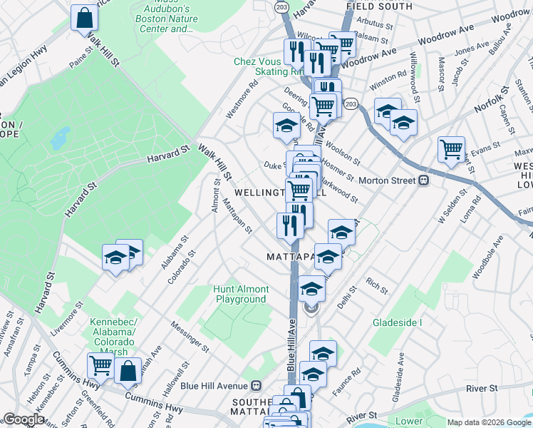 map of restaurants, bars, coffee shops, grocery stores, and more near 660 Walk Hill Street in Boston