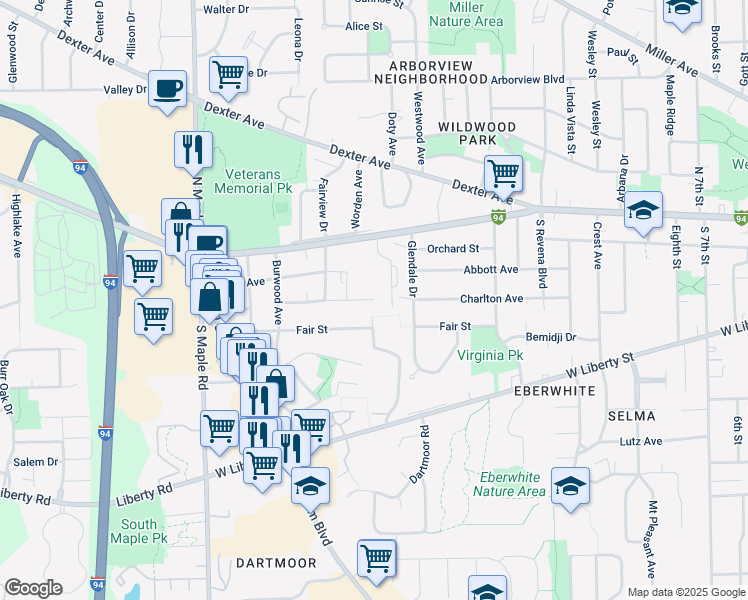 map of restaurants, bars, coffee shops, grocery stores, and more near Charlton Street in Ann Arbor