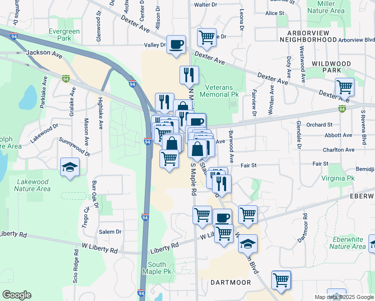 map of restaurants, bars, coffee shops, grocery stores, and more near 2475 West Stadium Boulevard in Ann Arbor