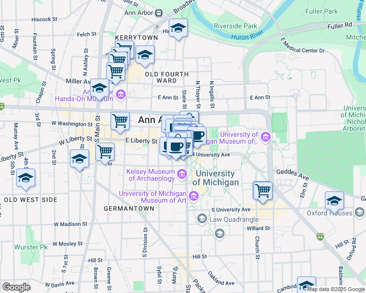 map of restaurants, bars, coffee shops, grocery stores, and more near 311 South State Street in Ann Arbor