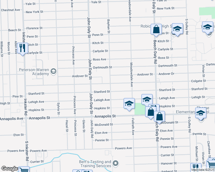 map of restaurants, bars, coffee shops, grocery stores, and more near 26323 Colgate Street in Inkster