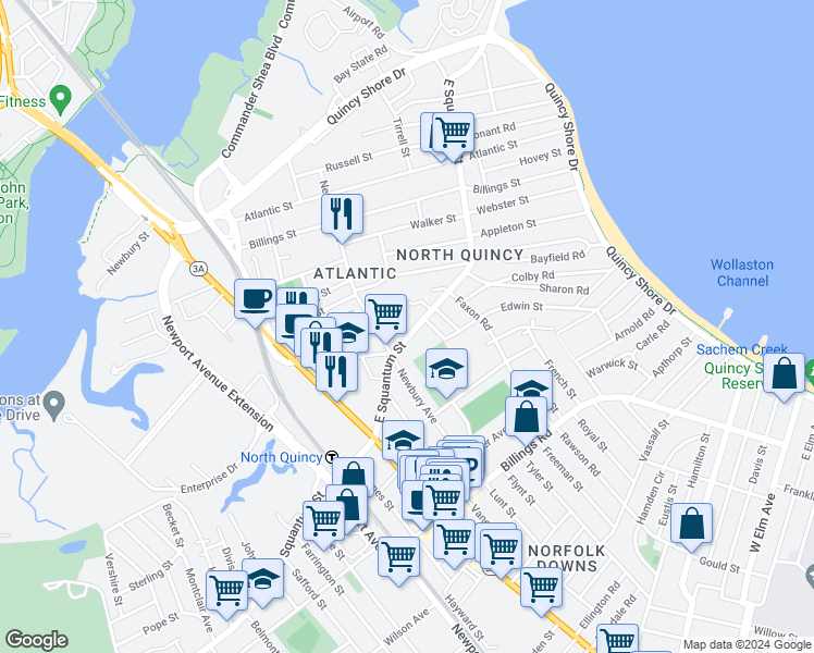 map of restaurants, bars, coffee shops, grocery stores, and more near 92 East Squantum Street in Quincy