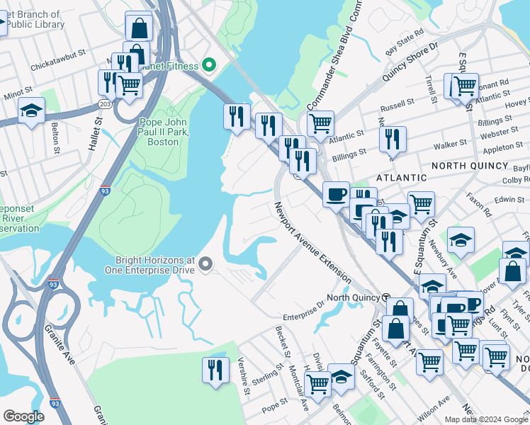 map of restaurants, bars, coffee shops, grocery stores, and more near 85 Myrtle Street in Quincy