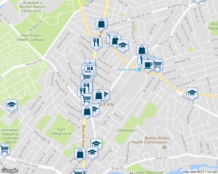 map of restaurants, bars, coffee shops, grocery stores, and more near 510 Norfolk Street in Boston