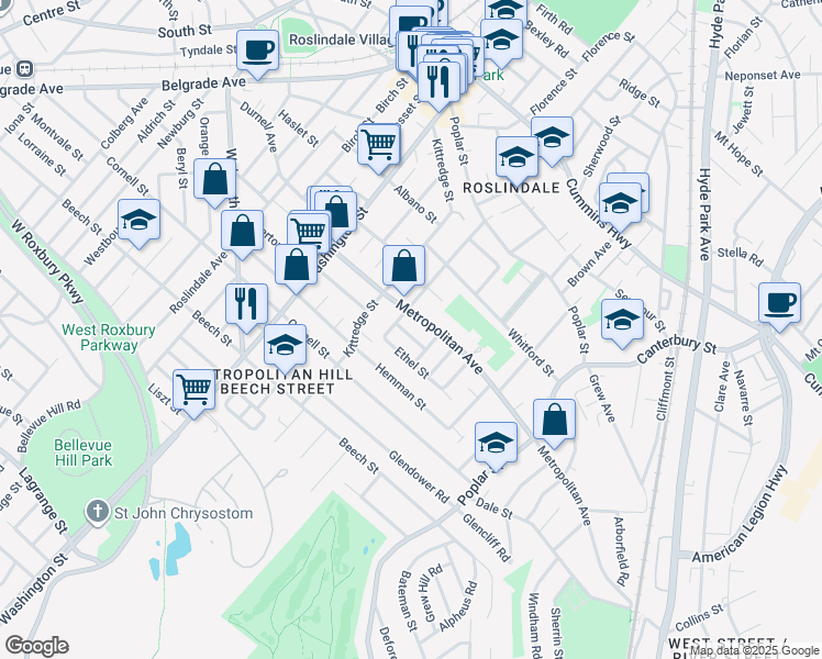 map of restaurants, bars, coffee shops, grocery stores, and more near 139 Metropolitan Avenue in Boston