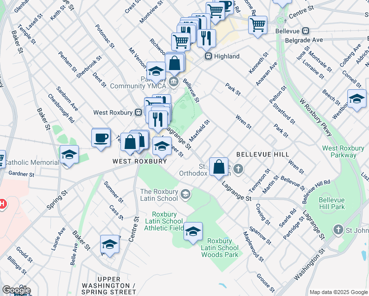 map of restaurants, bars, coffee shops, grocery stores, and more near 328 Lagrange Street in Boston
