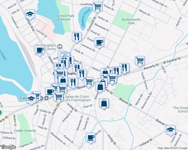 map of restaurants, bars, coffee shops, grocery stores, and more near 300 Howard Street in Framingham