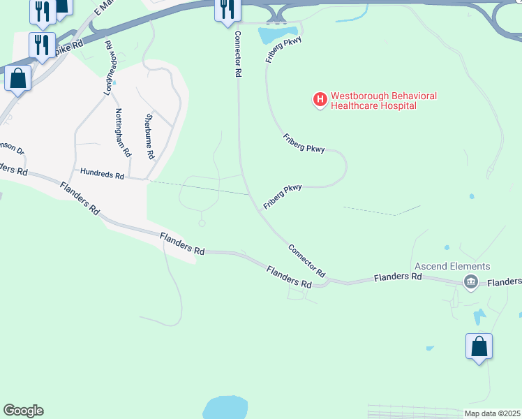 map of restaurants, bars, coffee shops, grocery stores, and more near 101 Connector Road in Westborough