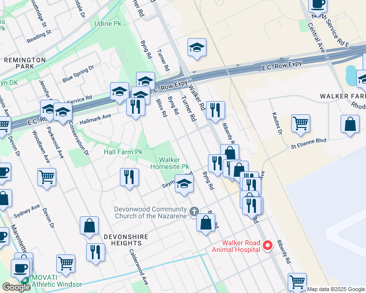 map of restaurants, bars, coffee shops, grocery stores, and more near 3218 Bliss Road in Windsor
