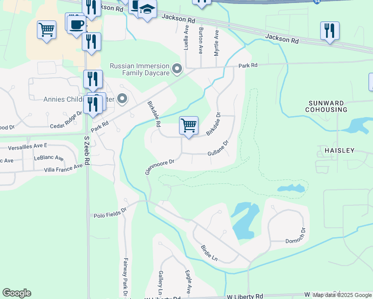 map of restaurants, bars, coffee shops, grocery stores, and more near 520 Glenmoore Drive in Ann Arbor