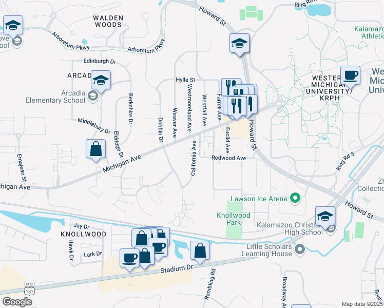 map of restaurants, bars, coffee shops, grocery stores, and more near 2918 Redwood Avenue in Kalamazoo