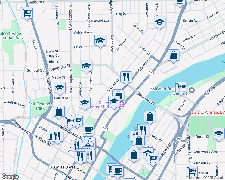 map of restaurants, bars, coffee shops, grocery stores, and more near in Rockford