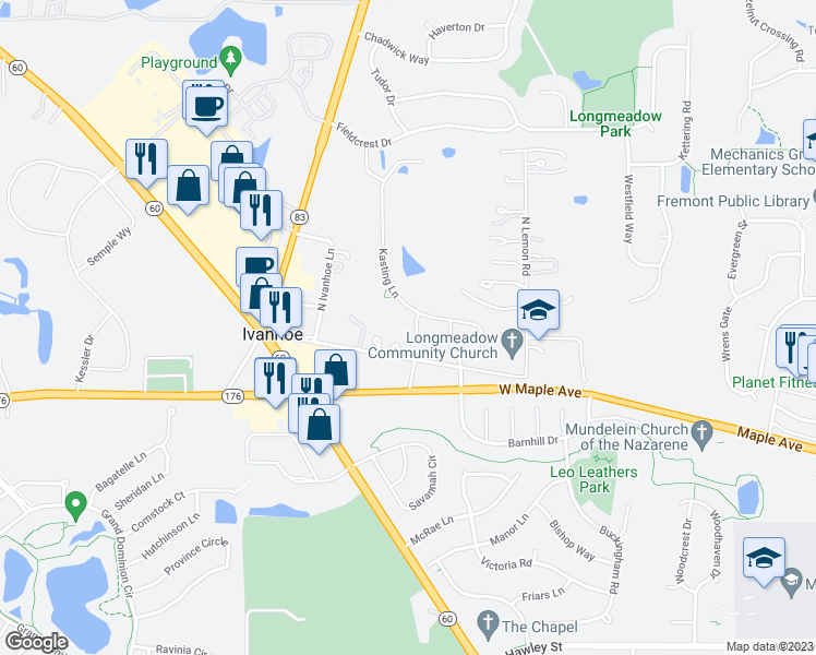 map of restaurants, bars, coffee shops, grocery stores, and more near 1030 Sandler Court in Mundelein