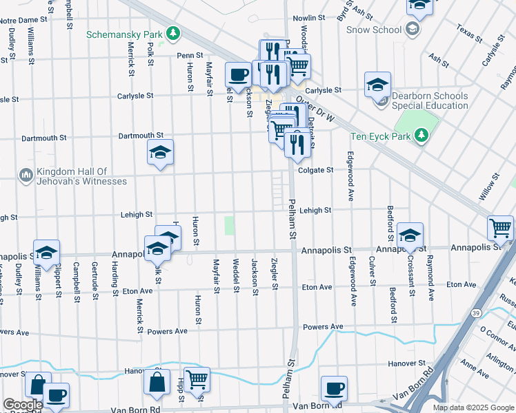 map of restaurants, bars, coffee shops, grocery stores, and more near 4213 Jackson Street in Dearborn Heights