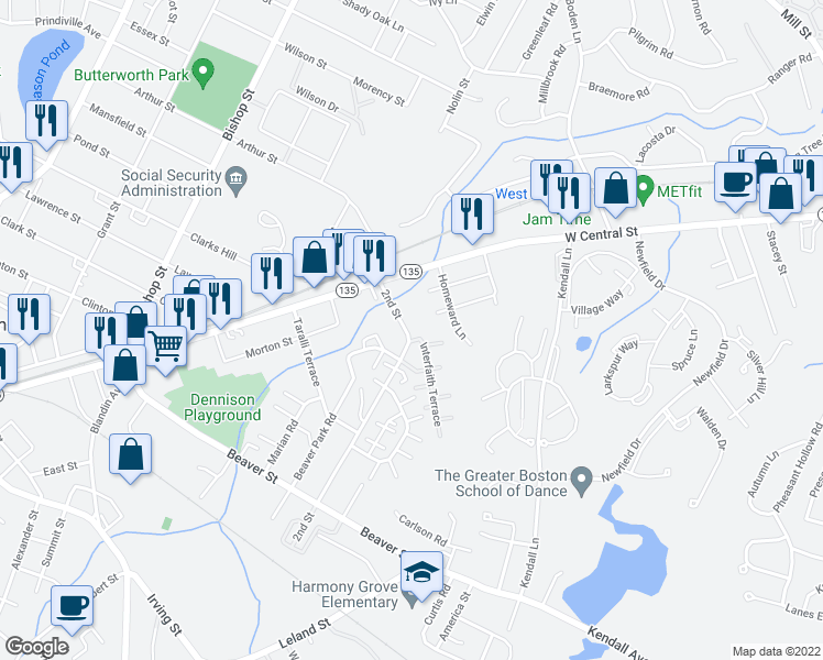 map of restaurants, bars, coffee shops, grocery stores, and more near 9 Interfaith Terrace in Framingham