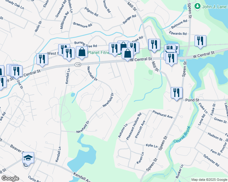 map of restaurants, bars, coffee shops, grocery stores, and more near 10 Silver Hill Lane in Natick
