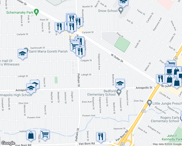 map of restaurants, bars, coffee shops, grocery stores, and more near 4216 Kingston Street in Dearborn Heights