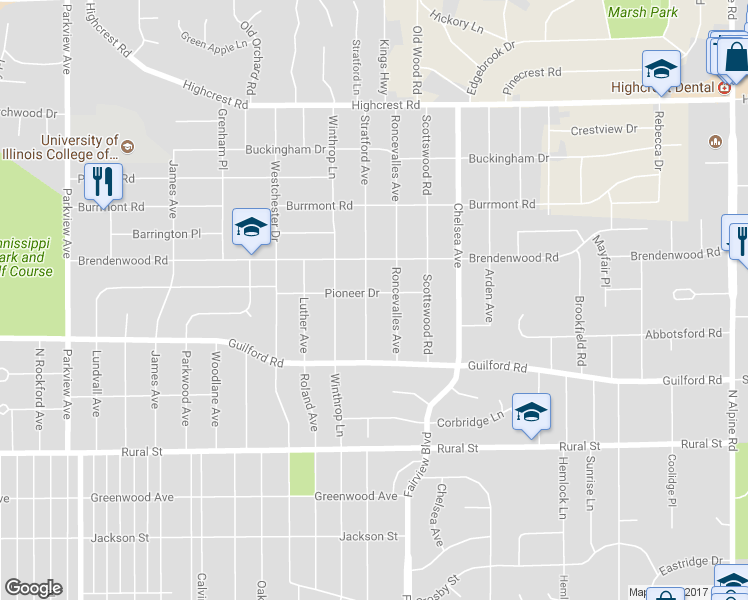 map of restaurants, bars, coffee shops, grocery stores, and more near 1021 Stratford Avenue in Rockford