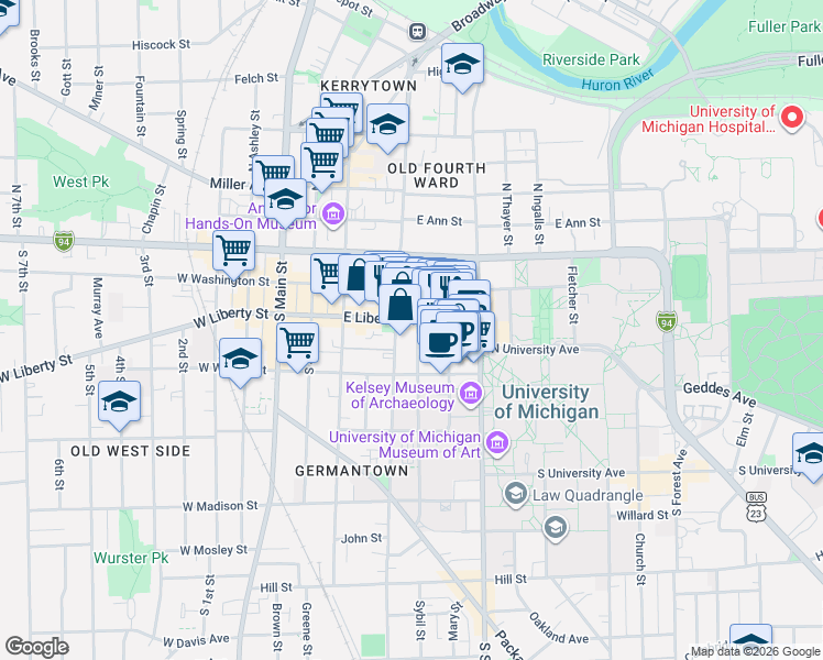 map of restaurants, bars, coffee shops, grocery stores, and more near 306 Thompson Street in Ann Arbor