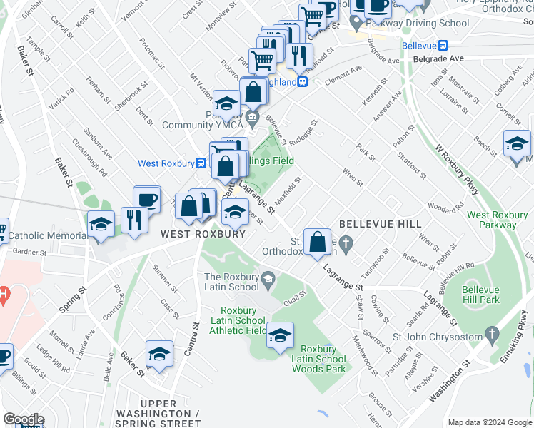 map of restaurants, bars, coffee shops, grocery stores, and more near 336 Lagrange Street in West Roxbury