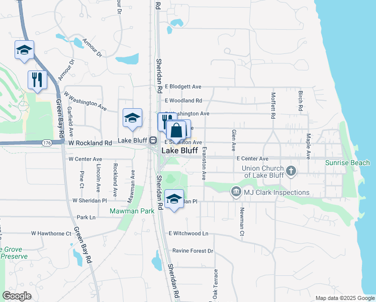 map of restaurants, bars, coffee shops, grocery stores, and more near 62 East Center Avenue in Lake Bluff