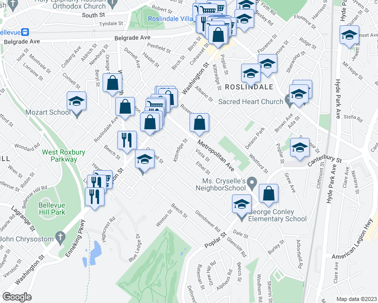 map of restaurants, bars, coffee shops, grocery stores, and more near 119 Augustus Avenue in Boston