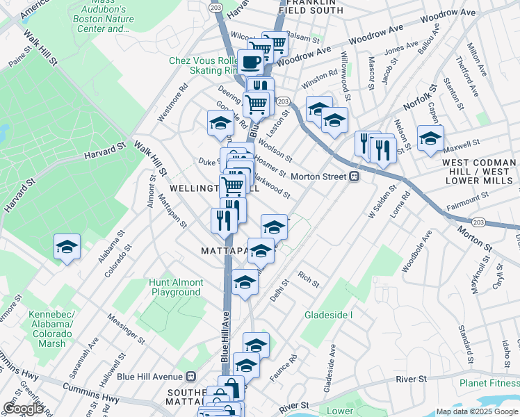 map of restaurants, bars, coffee shops, grocery stores, and more near 45 Evelyn Street in Boston