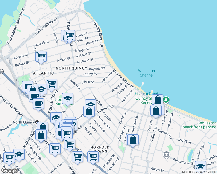 map of restaurants, bars, coffee shops, grocery stores, and more near 11 Canton Road in Quincy