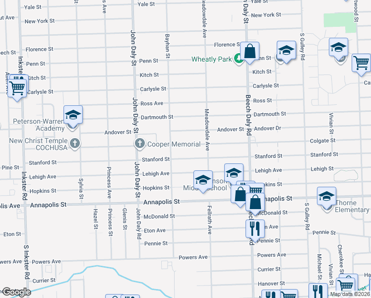 map of restaurants, bars, coffee shops, grocery stores, and more near 26187 Colgate Street in Inkster