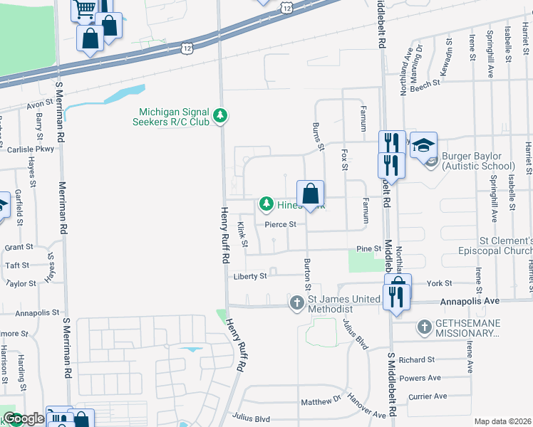 map of restaurants, bars, coffee shops, grocery stores, and more near in Wayne County