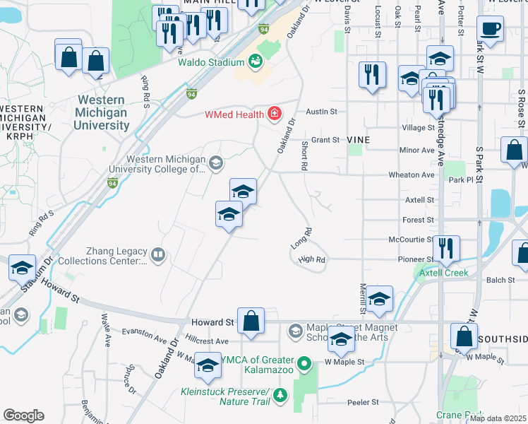 map of restaurants, bars, coffee shops, grocery stores, and more near 1101-1379 Oakland Dr in Kalamazoo