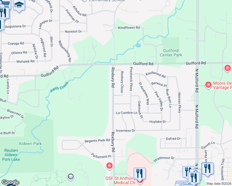 map of restaurants, bars, coffee shops, grocery stores, and more near 1046 Roxbury Close in Rockford