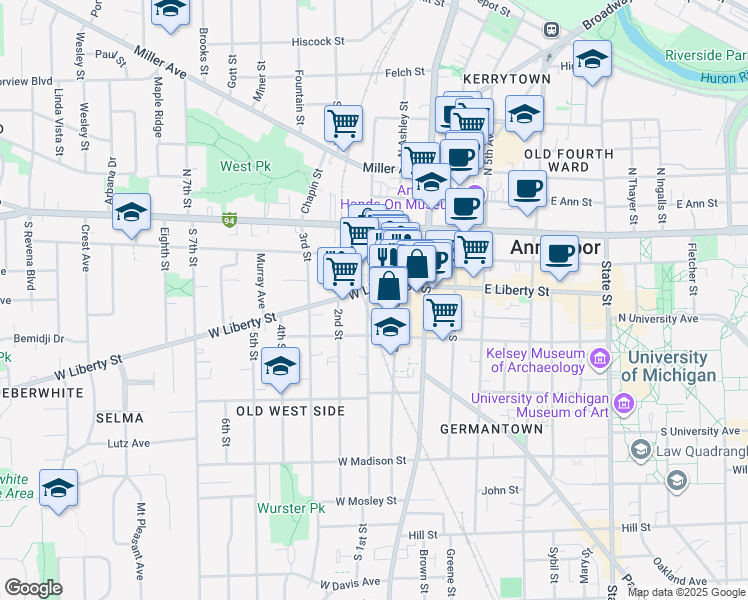 map of restaurants, bars, coffee shops, grocery stores, and more near 307 South 1st Street in Ann Arbor