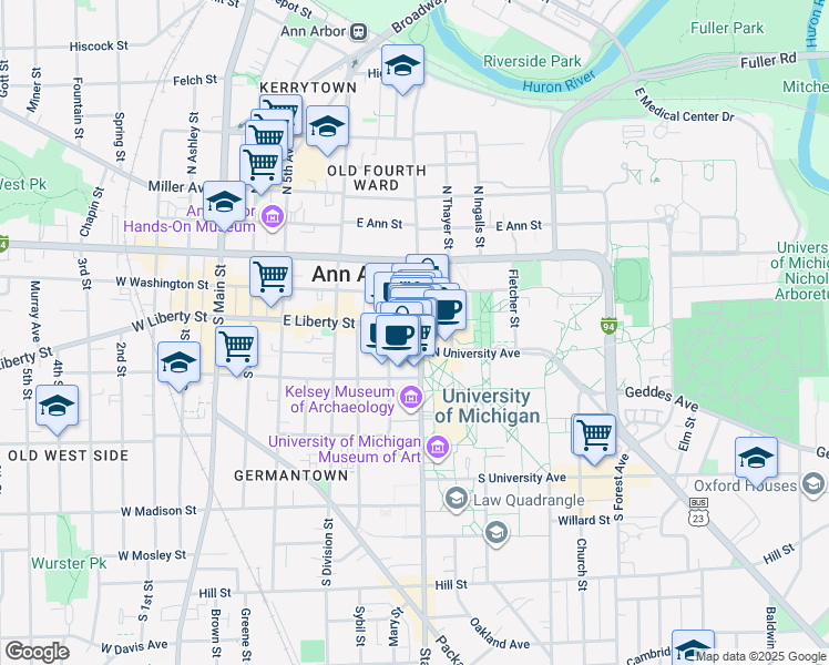 map of restaurants, bars, coffee shops, grocery stores, and more near 311 South State Street in Ann Arbor