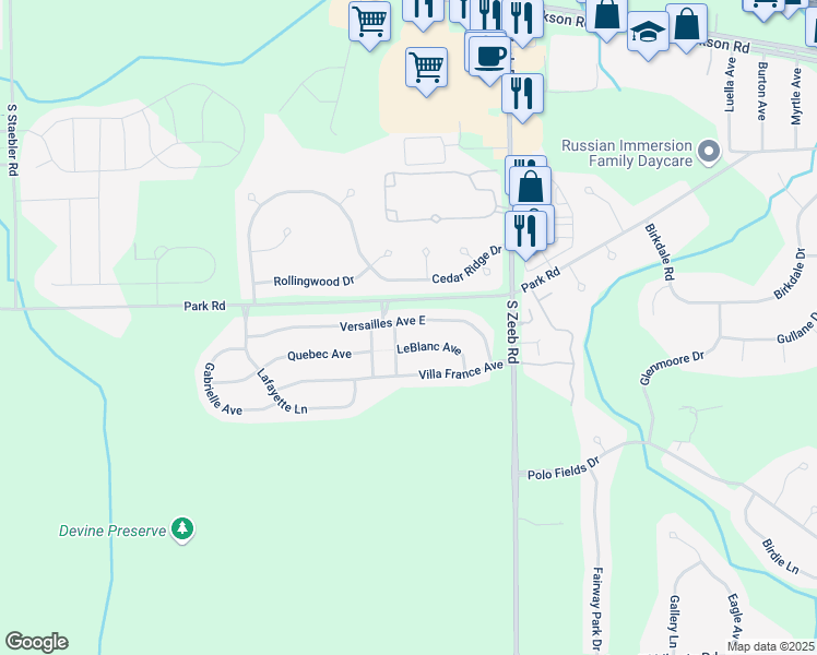 map of restaurants, bars, coffee shops, grocery stores, and more near 5713 Versailles Avenue in Ann Arbor