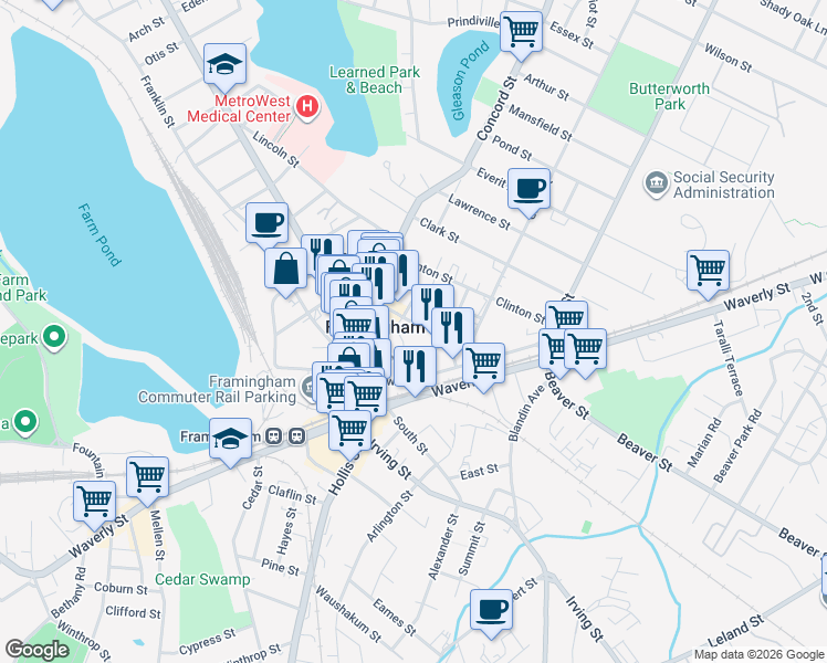 map of restaurants, bars, coffee shops, grocery stores, and more near 39 Frederick Street in Framingham
