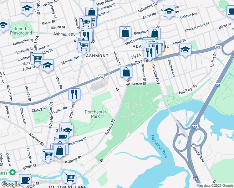 map of restaurants, bars, coffee shops, grocery stores, and more near 59 Hillsdale Street in Boston