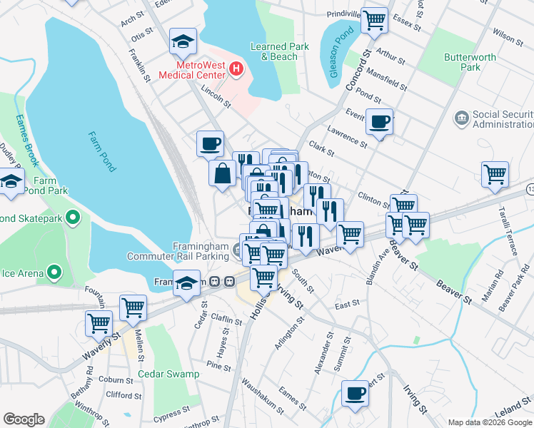 map of restaurants, bars, coffee shops, grocery stores, and more near 4 Union Avenue in Framingham