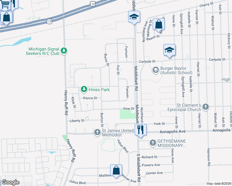 map of restaurants, bars, coffee shops, grocery stores, and more near 4057 Burns Street in Inkster