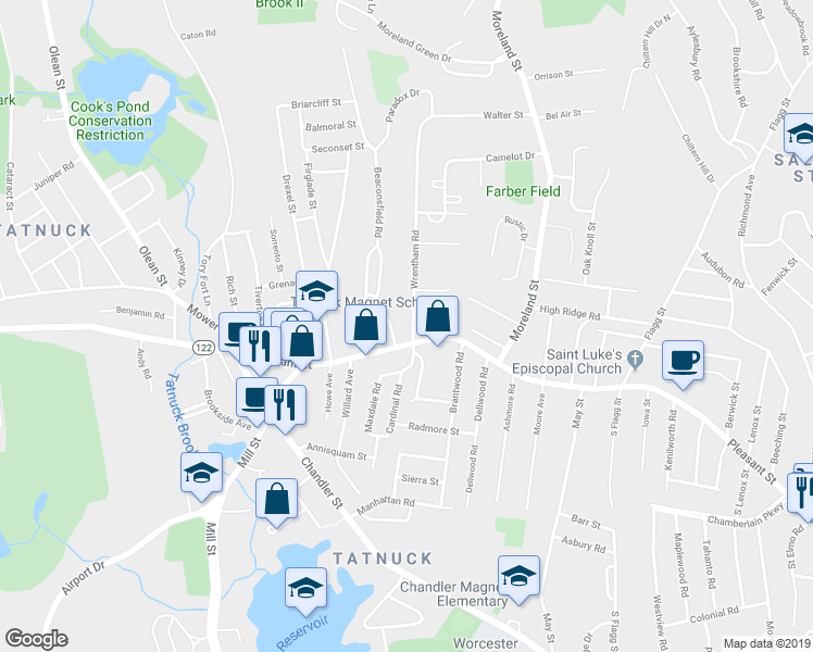 map of restaurants, bars, coffee shops, grocery stores, and more near 1 Wrentham Road in Worcester